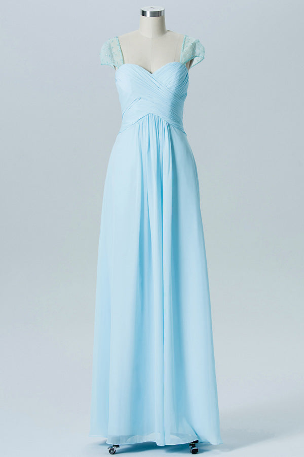 Pleated Chiffon Pale Blue Bridesmaid Dress with Cap Sleeves