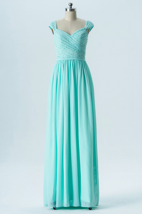 Mint Green Cap Sleeves Long Bridesmaid Dress