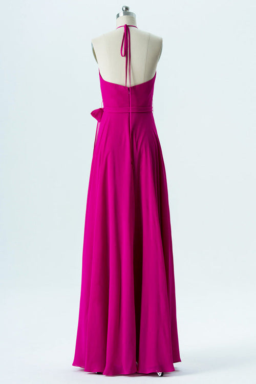 Halter Fuchsia Backless Long Bridesmaid Dress with Bow