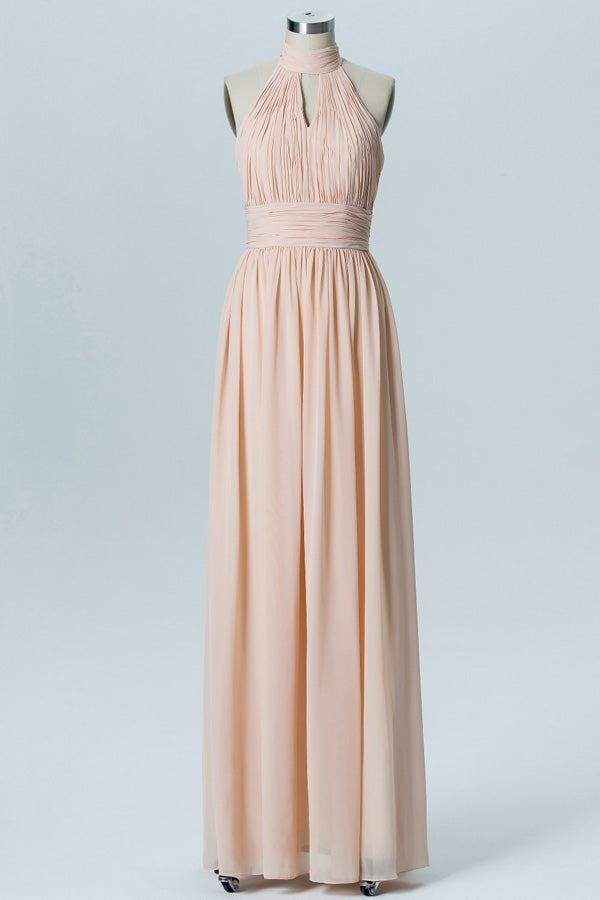 High Neck Peach Key Hole Chiffon Bridesmaid Dress