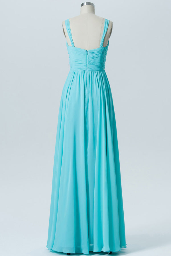 Turquoise Straps Pleated Bridesmaid Dress