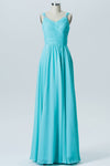 Turquoise Straps Pleated Bridesmaid Dress