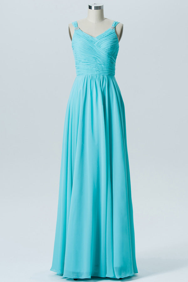Turquoise Straps Pleated Bridesmaid Dress – FancyVestido