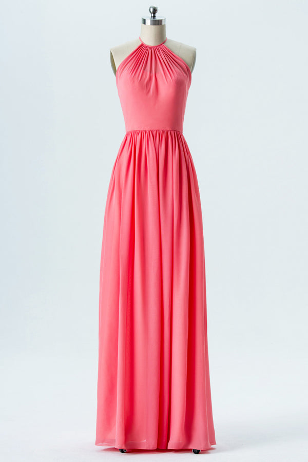 Backless Watermelon Halter Bridesmaid Dress