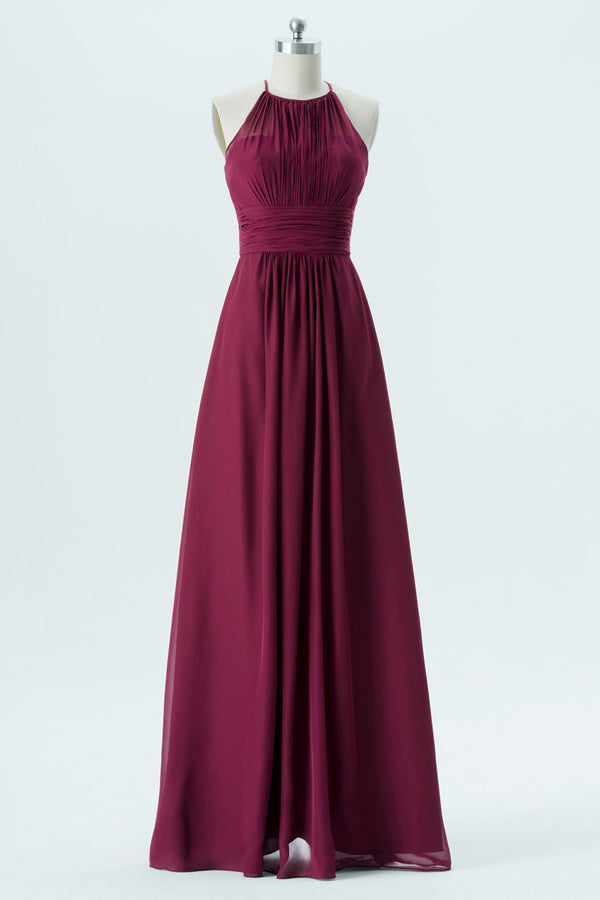 Pleated Cutout Back Wine Red Chiffon Bridesmaid Dress