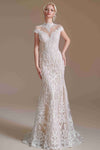 Elegant Mermaid Ivory High Neck Lace Wedding Dress with Train