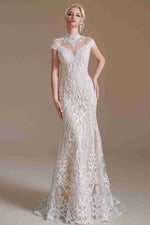 Elegant Mermaid Ivory High Neck Lace Wedding Dress with Train