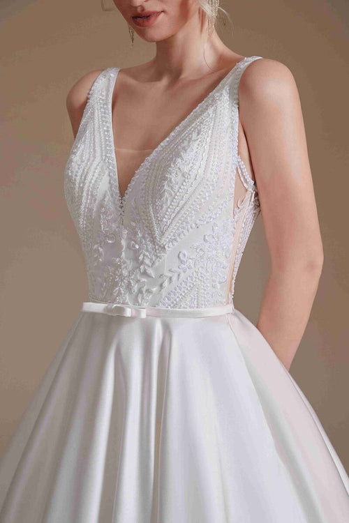 Gorgeous V-Neck White Floor Length Wedding Dress with Embirodery