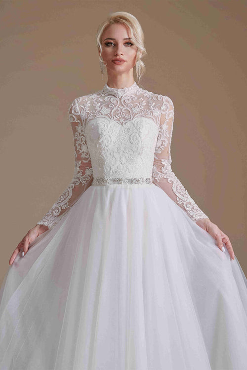 Illusion High Neck White Lace Wedding Dress with Long Sleeves