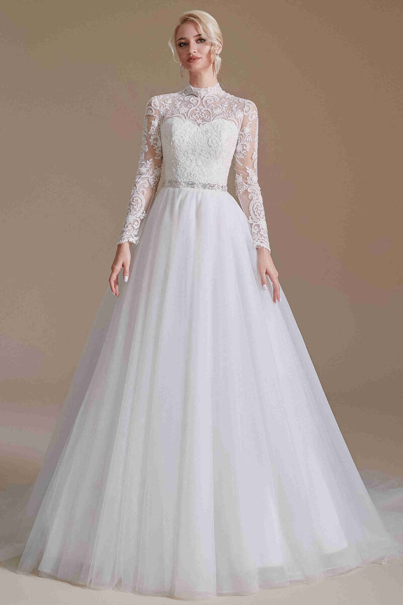 high neck lace a line wedding dress LACE & TULLE SHORT SLEEVE WEDDING GOWN BY ANDREA & LEO COUTURE STYLE WL035  – Bridal Hive