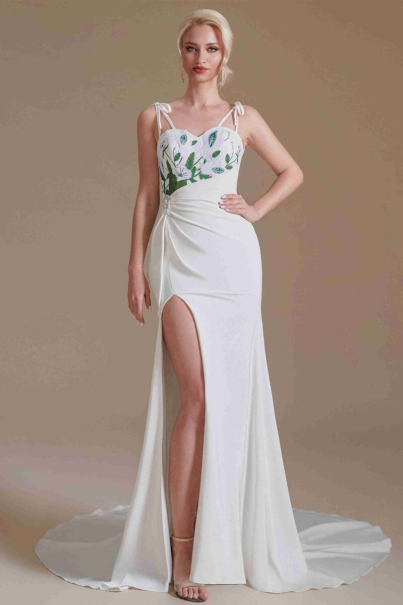 Mermaid Tie Shoulder Embroidery Wedding Dress with Slit