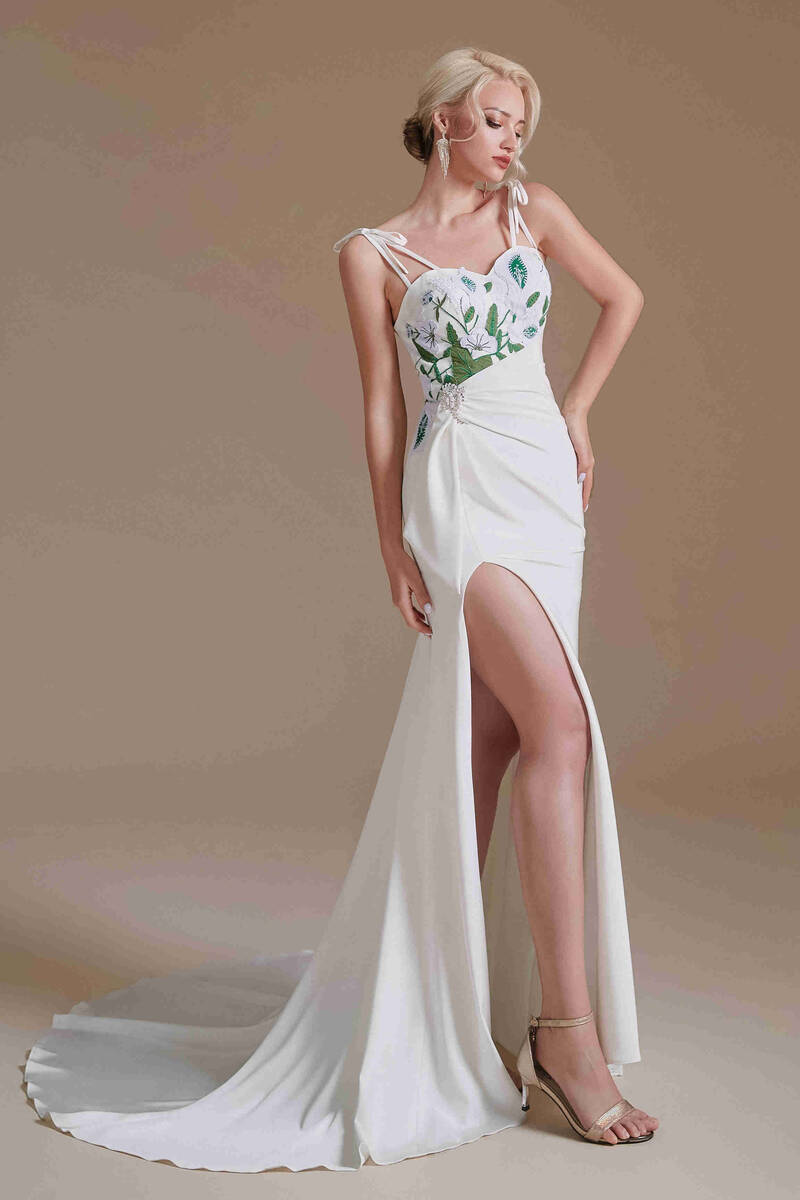 Mermaid Tie Shoulder Embroidery Wedding Dress with Slit