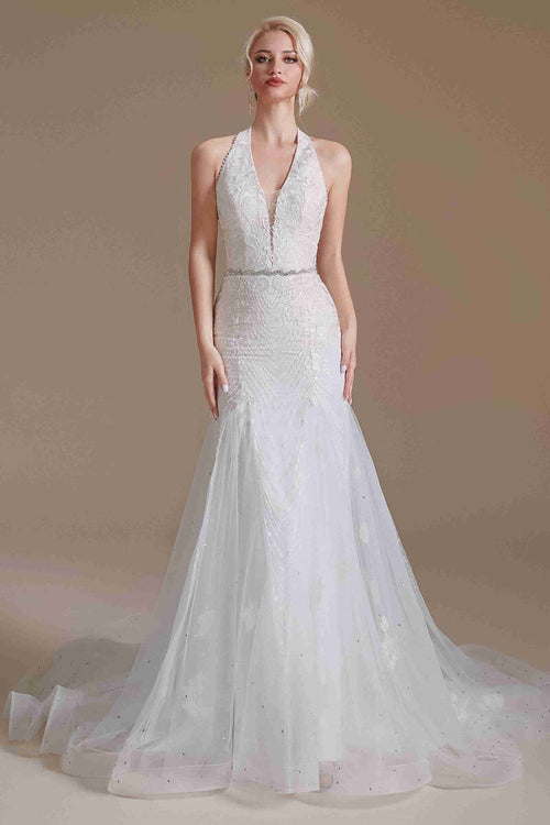 Halter White Lace Mermaid Wedding Dress with Detachable Sleeves