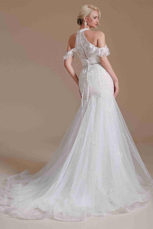 Halter White Lace Mermaid Wedding Dress with Detachable Sleeves