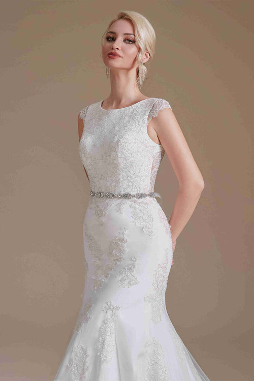 Crew Neck White Lace Long Wedding Dress with Cap Sleeves