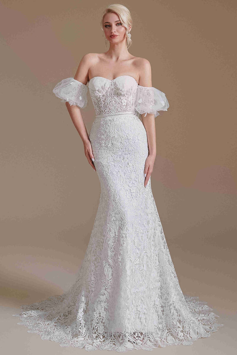mermaid wedding dress with detachable sleeves Sweetheart White Lace Mermaid Wedding Dress with Detachable Sleeves –  FancyVestido