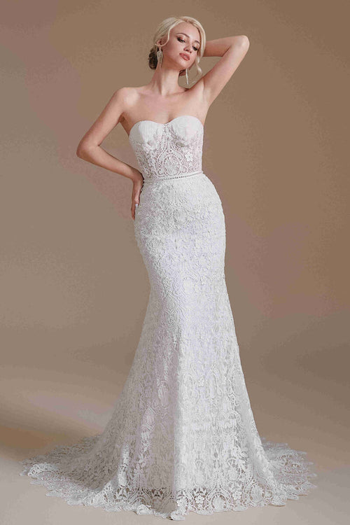 Sweetheart White Lace Mermaid Wedding Dress with Detachable Sleeves