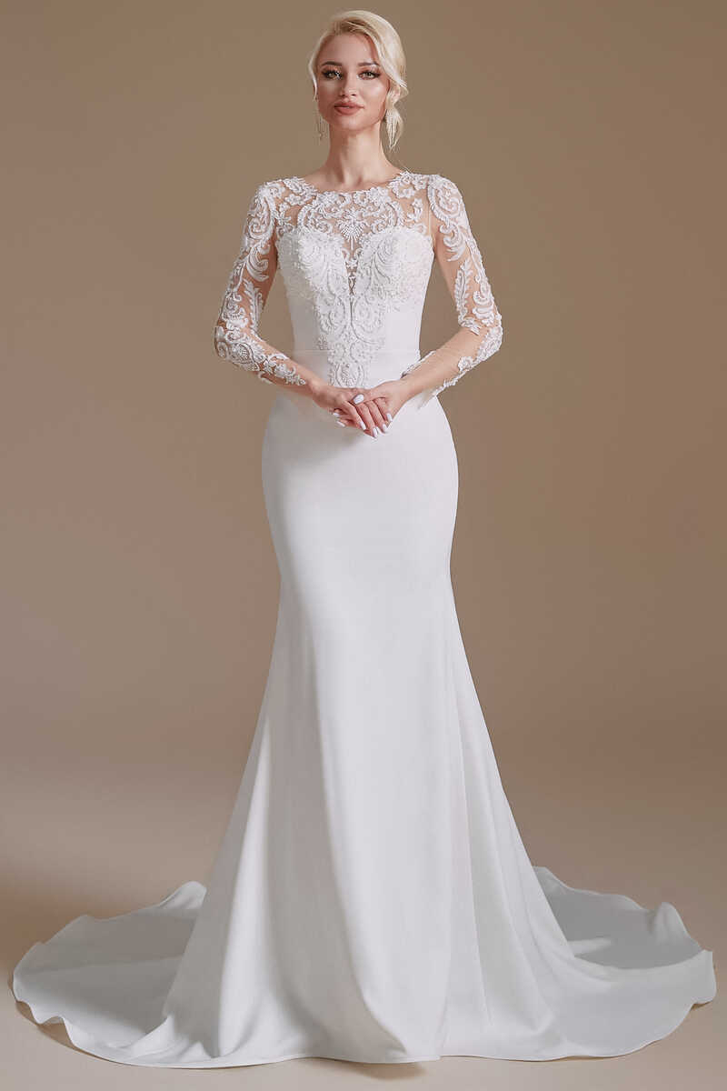 knee length dresses for ladies Lace Mermaid Deep V-neck Long Sleeves Wedding Dress, Wedding Gown, MW733 main image 0