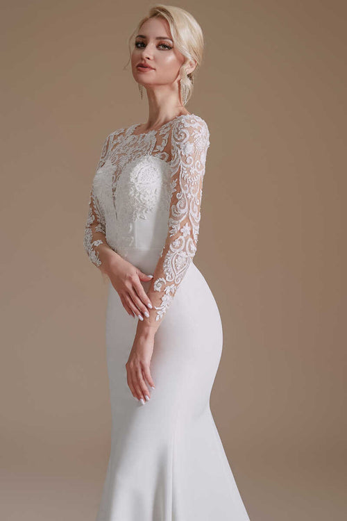 Lace Crew Neck White Mermaid Wedding Dress with Long Sleeves