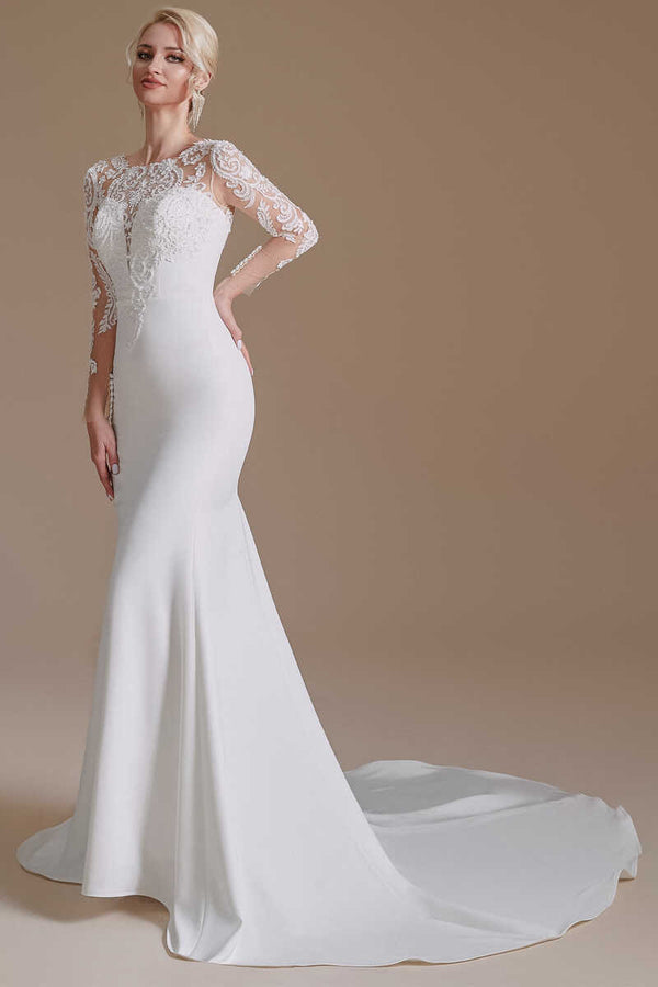 Lace Crew Neck White Mermaid Wedding Dress with Long Sleeves