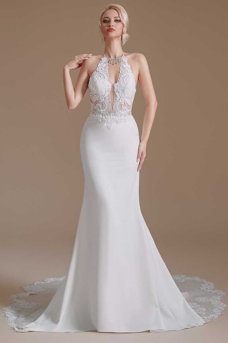 Plunging Halter White Lace Mermaid Wedding Dress – FancyVestido