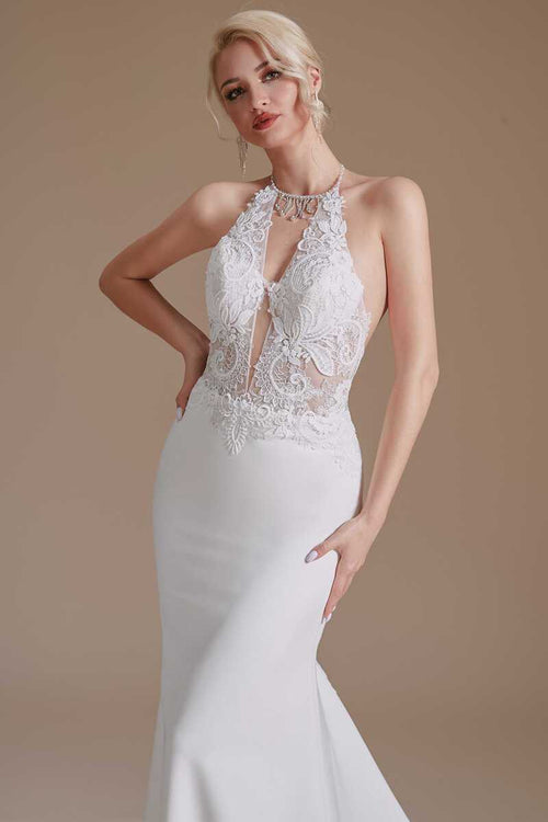 Plunging Halter White Lace Mermaid Wedding Dress