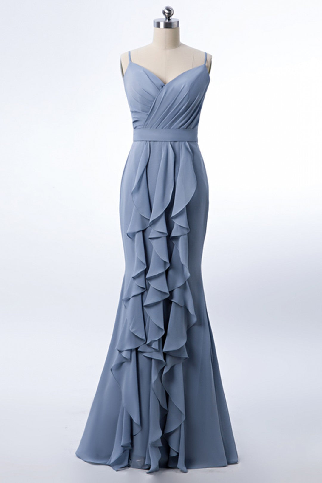 Mermaid Dusty Blue Chiffon Bridesmaid Dress with Ruffles