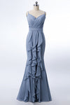 Mermaid Dusty Blue Chiffon Bridesmaid Dress with Ruffles