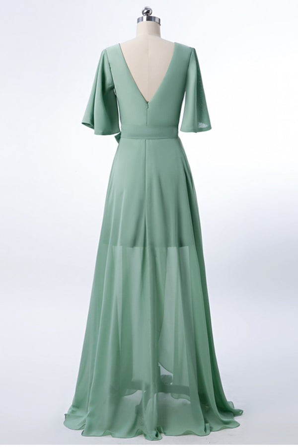Chiffon Dusty Green Long Bridesmaid Dress with Sleeves