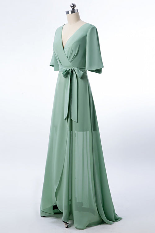 Chiffon Dusty Green Long Bridesmaid Dress with Sleeves