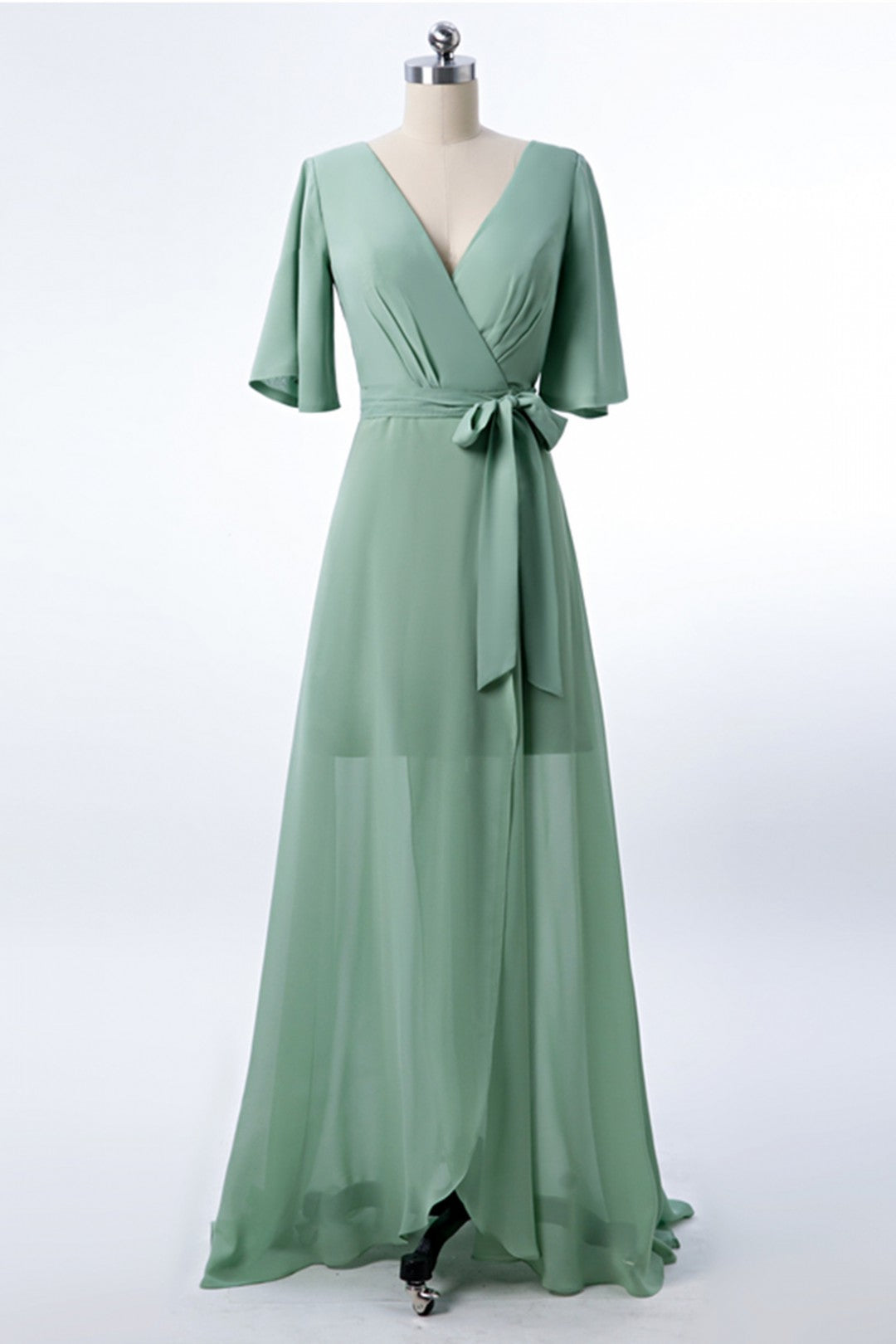 Chiffon Dusty Green Long Bridesmaid Dress with Sleeves FancyVestido Chiffon Dusty Green Long Bridesmaid Dress with Sleeves FancyVestido