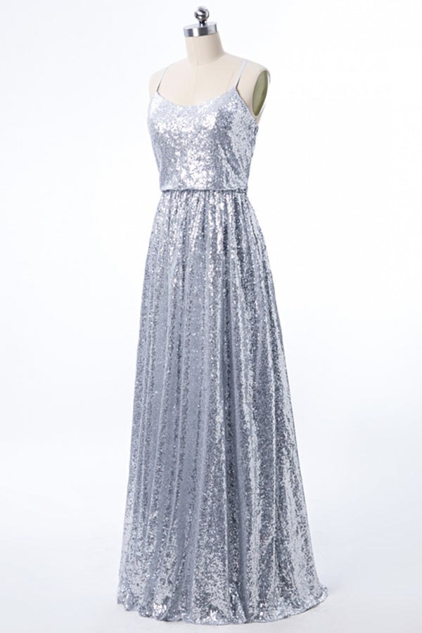 Criss Cross Back Silver Sequins Bridesmaid Dress