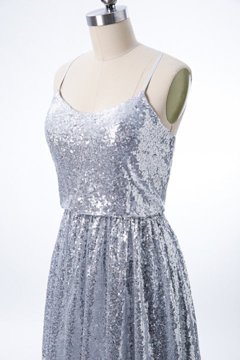 Criss Cross Back Silver Sequins Bridesmaid Dress