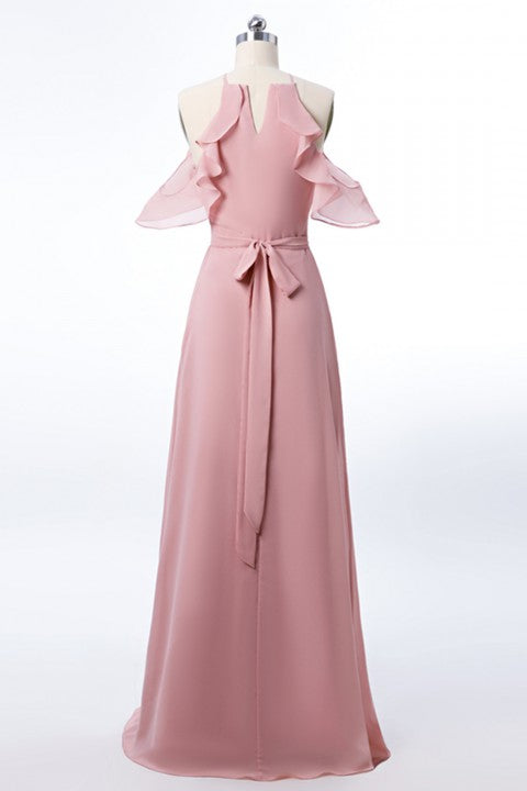 Blush Pink Halter Ruffles Long Bridesmaid Dress