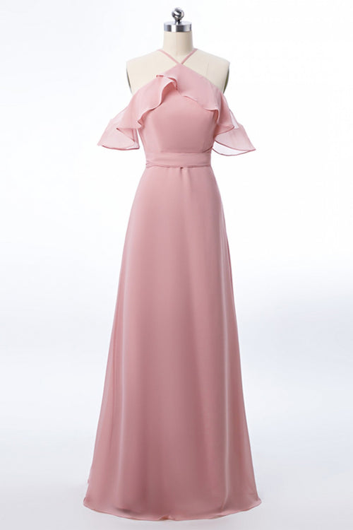Halter Floor-length Chiffon Ruffles Bridesmaid Dresses Blushing Pink