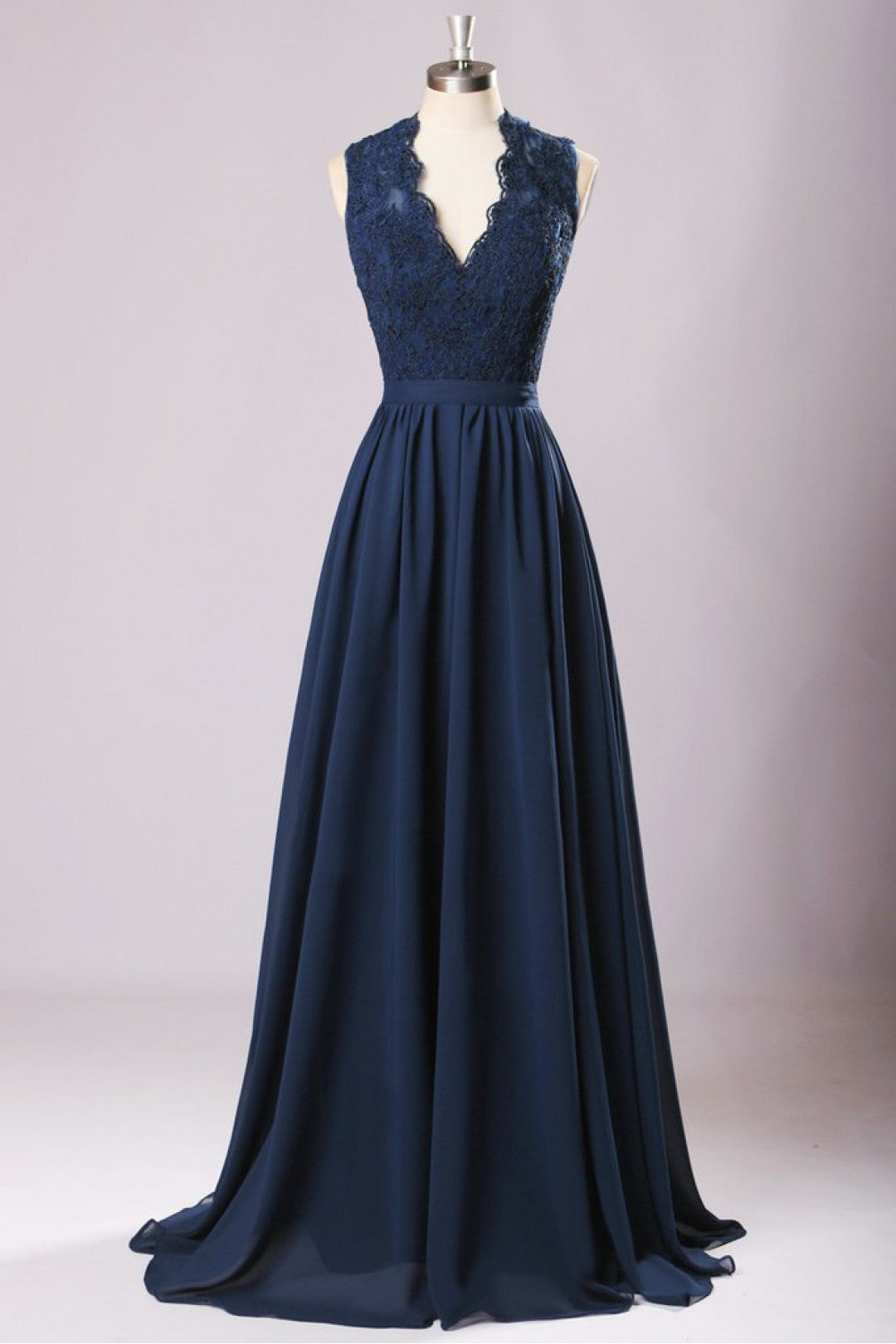 Backless Navy Blue Lace Long Bridesmaid Dress