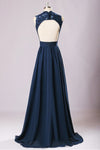 Backless Navy Blue Lace Long Bridesmaid Dress
