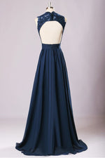 Backless Navy Blue Lace Long Bridesmaid Dress