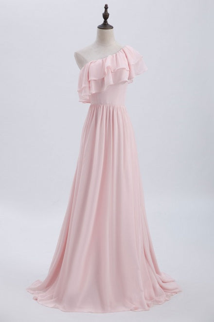 One Shoulder Ruffles Pink Bridesmaid Dress