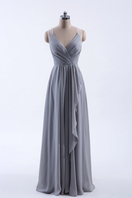 V-Neck Grey Long Bridesmaid Dress with Appliques FancyVestido V-Neck Grey Long Bridesmaid Dress with Appliques FancyVestido