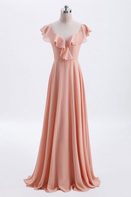 Light Coral Tie Back Chiffon Bridesmaid Dress with Ruffles