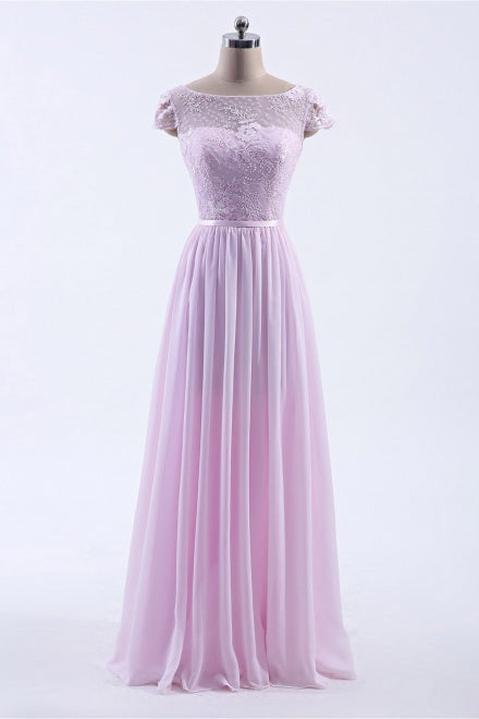 Cap Sleeves Pink Lace Long Prom Dress