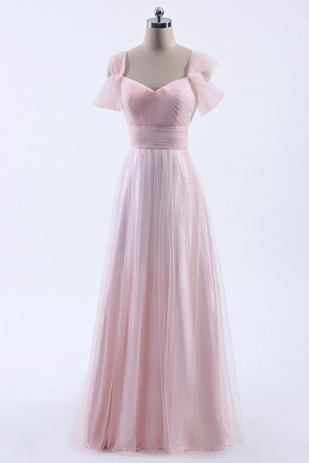 Bakcless Pink Cold Shoulder Tulle Bridesmaid Dress