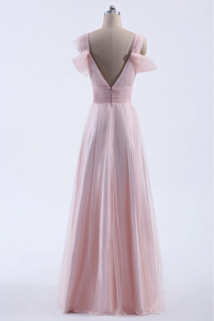 Bakcless Pink Cold Shoulder Tulle Bridesmaid Dress