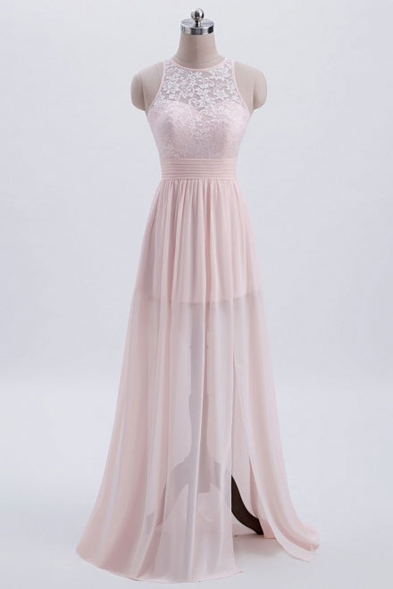 Crew Neck Pearl Pink Long Bridesmaid Dress