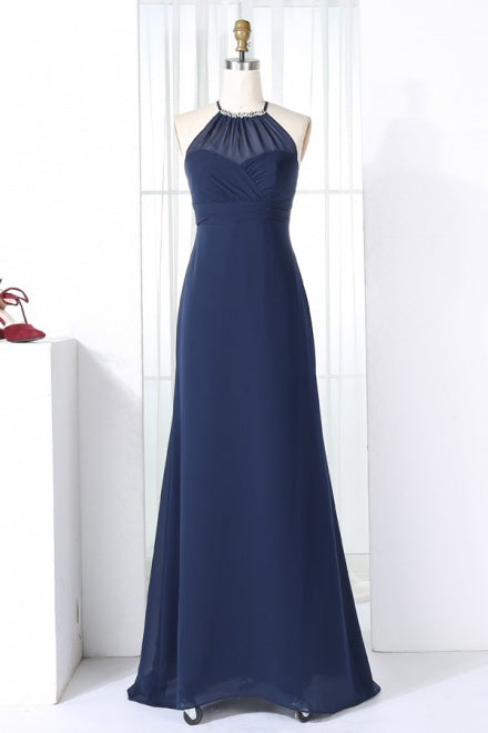 Chiffon Halter Navy Long Bridesmaid Dress