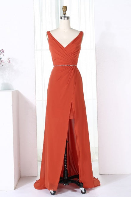 V-Neck Burnt Orange Bridesmaid Dress with Beaded Belt