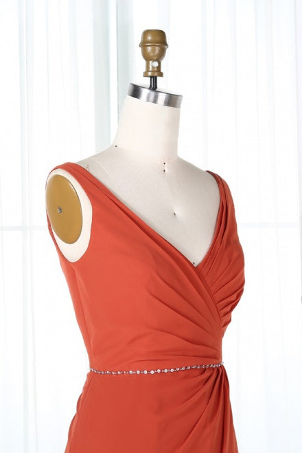 V-Neck Burnt Orange Bridesmaid Dress with Beaded Belt