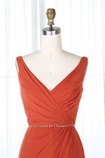 V-Neck Burnt Orange Bridesmaid Dress with Beaded Belt