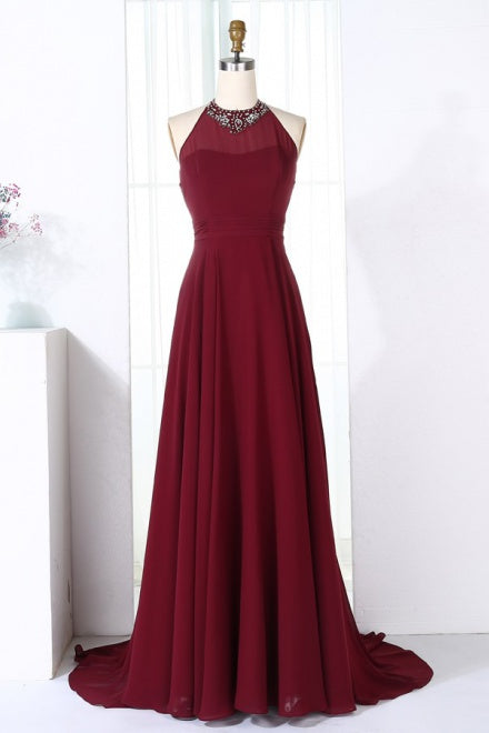 Wine Red Halter Chiffon Bridesmaid Dress with Train